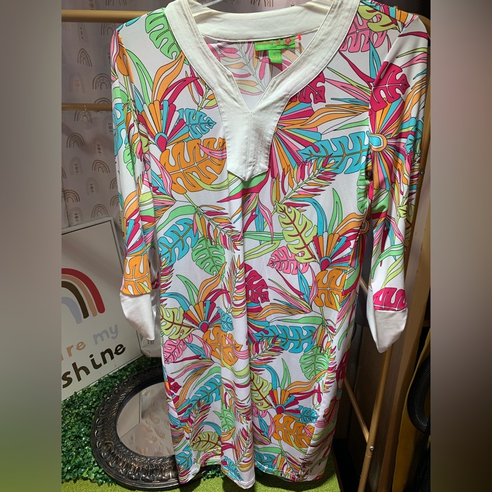 Island Republic Leaf Print Dress with Pink and Green